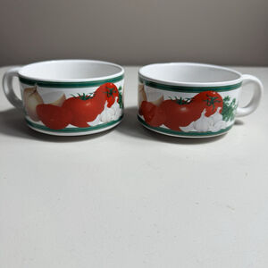 Vintage Ceramic Soup Mugs Bowls Set of 2 – Tomato Onion Garlic Veggie Print
